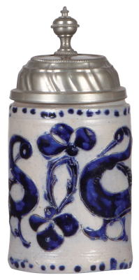 Stoneware stein, 7.2'' ht., late 1700s, Westerwälder Walzenkrug, incised, blue saltglaze, pewter lid, very good pewter strap repair, body good condition.