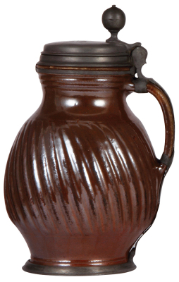 Stoneware stein, 10.0'' ht., mid 1700s, Bunzlauer Birnkrug, pewter lid dated 1750, pewter footring & vertical handle strap, .5" chip on handle small pewter repair. - 2