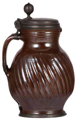 Stoneware stein, 10.0'' ht., mid 1700s, Bunzlauer Birnkrug, pewter lid dated 1750, pewter footring & vertical handle strap, .5" chip on handle small pewter repair. - 3