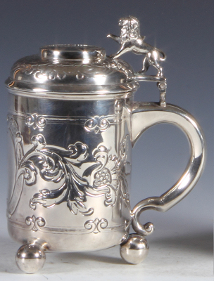 Silver-plated tankard, 6.6" ht., 422 grams, no hallmarks, medallion with Christian the Fourth, Denmark, late 1800s, footed, one foot reattached, otherwise excellent condition.