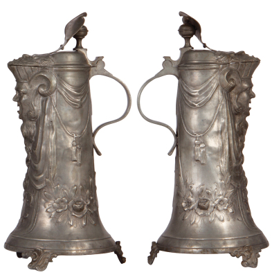 Pewter flagon, 14.0" ht., relief, late 1800s, pewter lid: shield inscription: Adolf Friedr. Herzog zu Mecklenburg 1658, good condition.  - 2