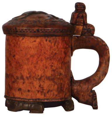 Wood tankard, 6.8" ht., early 1800s, Norwegian, Burl, carved lions, wood lid, some painting on animals, very good condition. 