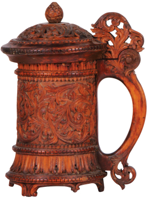 Wood Tankard, 9.5" ht., mid 1800s, Norwegian, elaborate carved design, wood lid, very good condition. 