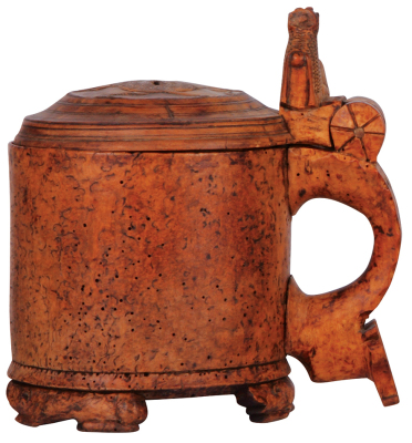 Wood Tankard, 9.5" ht., early 1800s, Norwegian, Burl, wood lid, inactive worm holes, lions jaw on thumblift missing.