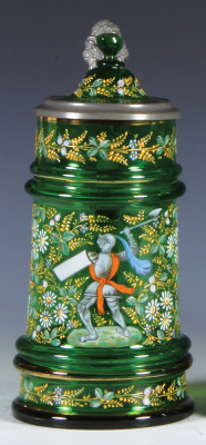 Glass stein, .5L, blown, green, hand-painted, Knight & floral, matching glass inlaid lid, mint. 