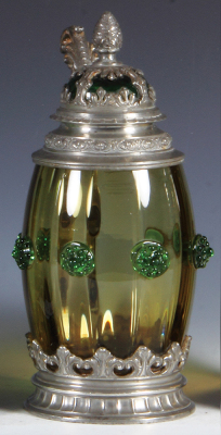 Glass stein, .5L, blown, amber, green prunts, green glass inlaid lid, pewter footring, mint.