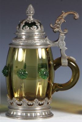 Glass stein, .5L, blown, amber, green prunts, green glass inlaid lid, pewter footring, mint. - 2