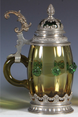 Glass stein, .5L, blown, amber, green prunts, green glass inlaid lid, pewter footring, mint. - 3