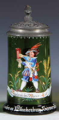 Glass stein, .5L, blown, green hand-painted, Landsknecht, pewter lid, mint. 