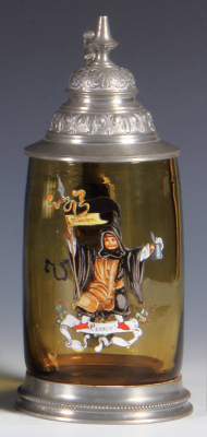 Glass stein, .5L, blown, amber, hand-painted, München Prosit, pewter lid & base ring, mint.