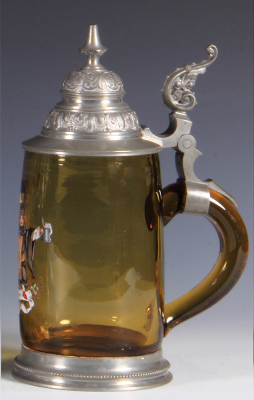 Glass stein, .5L, blown, amber, hand-painted, München Prosit, pewter lid & base ring, mint. - 2