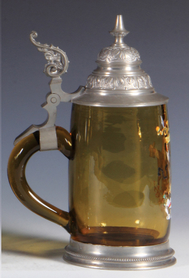 Glass stein, .5L, blown, amber, hand-painted, München Prosit, pewter lid & base ring, mint. - 3