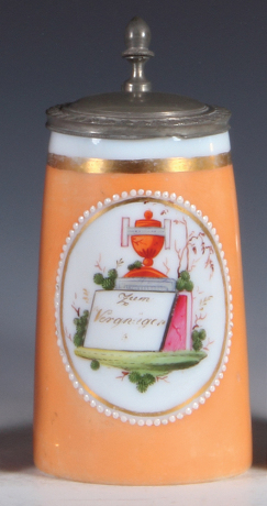 Glass stein, .5L, blown, mid 1800s, milk glass, hand-painted, peach color, Zum Vergnügen, pewter lid, mint. 