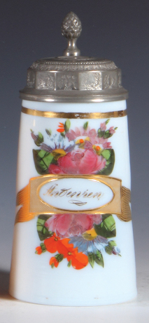 Glass stein, .5L, blown, milk glass, hand-painted, c. 1800, Andenken & floral, pewter lid, mint.