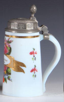 Glass stein, .5L, blown, milk glass, hand-painted, c. 1800, Andenken & floral, pewter lid, mint. - 2