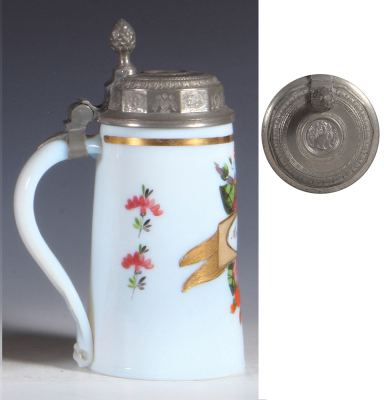 Glass stein, .5L, blown, milk glass, hand-painted, c. 1800, Andenken & floral, pewter lid, mint. - 3