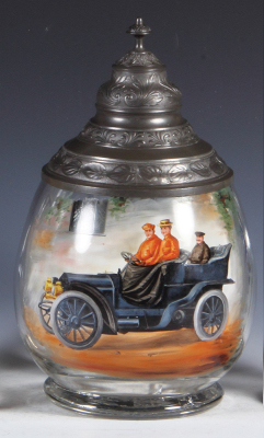 Glass stein, 1.0L, blown, clear, hand-painted, automobile, pewter lid, pewter tear, engraved name & address on bottom, body mint.