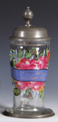 Glass stein, 1.0L, blown, clear, mid. 1800s, hand-painted, pewter lid and base ring, lid dated 1832, pewter strap & shank repaired.