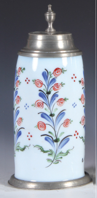 Glass stein, 1.0L, blown, early 1800s, milk glass, enameled, flowers, pewter lid & footring, minimal enamel wear.