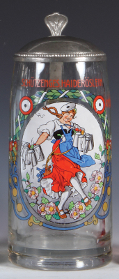 Glass stein, 1.0L, pressed, transfer & enameled, Schützenges. Haideröslein, pewter lid, minor scratch.