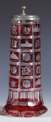 Glass stein, .5L, blown, cut, ruby flashed, wheel-engraved, spas, including Rüdesheim & Andernach, glass inlaid lid, excellent pewter strap repair, glass mint.