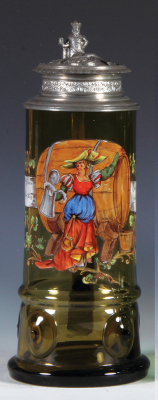 Glass stein, 1.0L, blown, amber, prunts, hand-painted, relief pewter lid, mint.