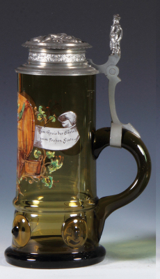 Glass stein, 1.0L, blown, amber, prunts, hand-painted, relief pewter lid, mint. - 2