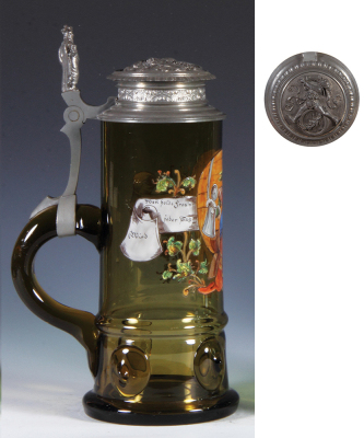 Glass stein, 1.0L, blown, amber, prunts, hand-painted, relief pewter lid, mint. - 3