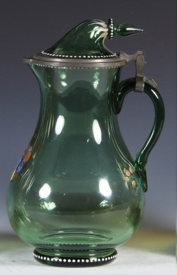 Glass pitcher, 10.1'' ht., blown, green, hand-painted coat-of-arms, matching glass inlaid lid, unusual bent over finial design forms thumblift, mint. - 2