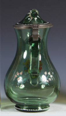 Glass pitcher, 10.1'' ht., blown, green, hand-painted coat-of-arms, matching glass inlaid lid, unusual bent over finial design forms thumblift, mint. - 3