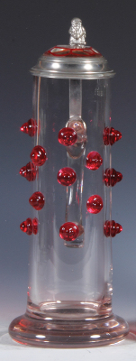 Glass stein, .5L, blown, cranberry prunts, glass inlaid lid, two tiny upper rim flakes.