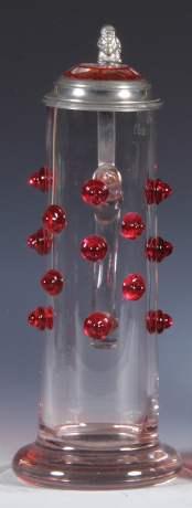 Glass stein, .5L, blown, cranberry prunts, glass inlaid lid, two tiny upper rim flakes.