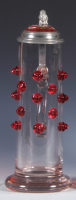 Glass stein, .5L, blown, cranberry prunts, glass inlaid lid, two tiny upper rim flakes.