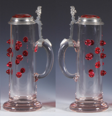 Glass stein, .5L, blown, cranberry prunts, glass inlaid lid, two tiny upper rim flakes. - 2