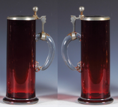 Glass stein, .5L, blown, ruby flashed inside, matching glass inlaid lid, mint. - 2