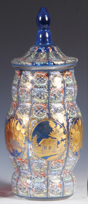 Covered glass vase, 11.3'' ht., blown, engraved & enameled, by F. Heckert, partial original label, mint.