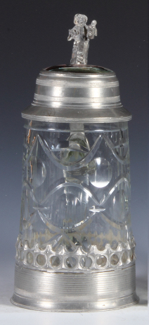Glass stein, 1.0L, 10.6" ht., blown, cut, pewter base, porcelain inlaid lid: mountain lake, transfer & hand-painted, minor scuffs, overall good condition.
