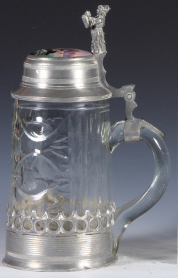 Glass stein, 1.0L, 10.6" ht., blown, cut, pewter base, porcelain inlaid lid: mountain lake, transfer & hand-painted, minor scuffs, overall good condition. - 2