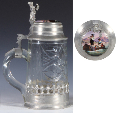 Glass stein, 1.0L, 10.6" ht., blown, cut, pewter base, porcelain inlaid lid: mountain lake, transfer & hand-painted, minor scuffs, overall good condition. - 3