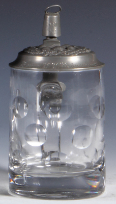Glass stein, .5L, blown, relief pewter lid: barbells, 100 Kg. thumblift, mint. 