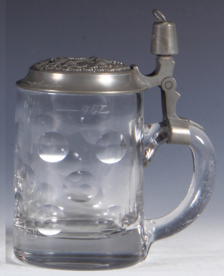 Glass stein, .5L, blown, relief pewter lid: barbells, 100 Kg. thumblift, mint.  - 2