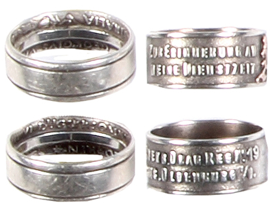 Two silver rings, Zur Erinnerung am meine Dienstzeit im Oldenburg Drag. Regt. No. 19, Garnis. Oldenburg 1/8., marked 800; with, inscription inside, Australia, both very good condition. - 2