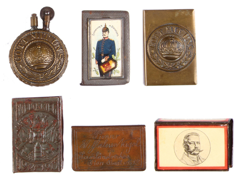 Five German military match box holders & one lighter, 2.3" to 2.5", GOTT MIT UNS, Weltkrieg 1914 - 1915, Inft. Regt. 30, Pion. Bat. Nr. 18, Hindenburg, lighter: GOTT MIT UNS, good used condition.