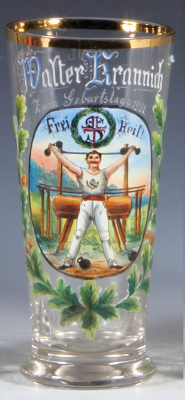 Glass beaker, 6.3" ht., blown, Frei Heil!, 1931, some scratches. 