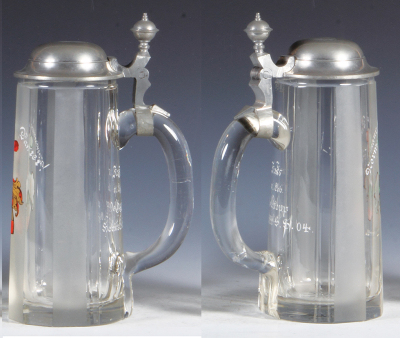 Glass stein, .5L, blown, faceted, student society, Normannia sei's Panier! 1904, pewter lid, mint. - 2