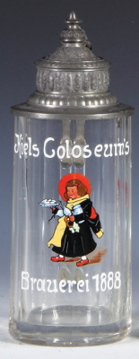 Glass stein, .5L, Kiels Coloseum's, Brauerei 1888, pewter lid with inscription: Hoch lebe die edle Bierbrauerei [Fr. Grauer] Verflucht sei diese grosse Schinderei, very rare, mint.   