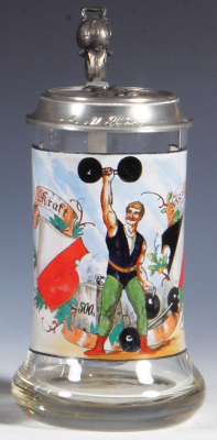 Glass stein, .5L, blown, transfer & handpainted, Kraft Heil!, 500 kg., relief pewter lid with weightlifter, 100 kg. thumblift, mint.