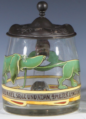 Glass stein, .5L, enameled, Dachshunds, Art Nouveau pewter lid, mint.