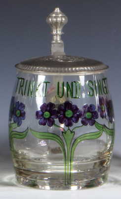 Glass stein, .5L, blown, transparent enamel, Art Nouveau floral, pewter lid, mint.