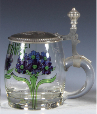 Glass stein, .5L, blown, transparent enamel, Art Nouveau floral, pewter lid, mint. - 2